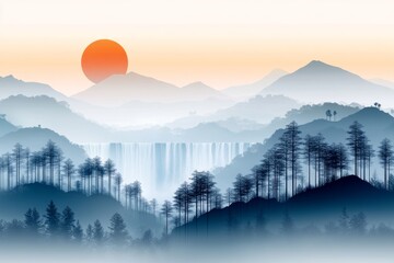 A minimalist flat design of IguazÃº Falls with clean blue and green gradients, representing the cascading water and rainforest