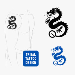 Black silhouette of a Chinese dragon on a white background. Dragon with ornament. Logo, tattoo. Vector