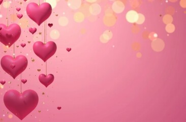 pink heart-shaped balloons hanging against a soft pink background with bokeh and golden star details, romantic and festive design, concept of valentine's day, celebration, and event decor industries