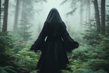 A mysterious figure standing in a foggy forest, their reflection visible on an invisible mirror, creating a haunting effect