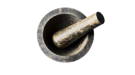 Top view of a stone mortar and pestle on a white background, used for grinding and mixing substances in cooking and herbal medicine.