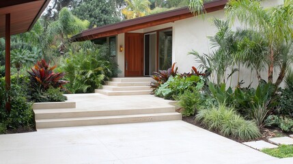 Fototapeta premium Garden greenery walls showcase sustainable design. Modern home entrance with landscaped garden and steps.