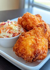 A plate of fried chicken with coleslaw on the side
