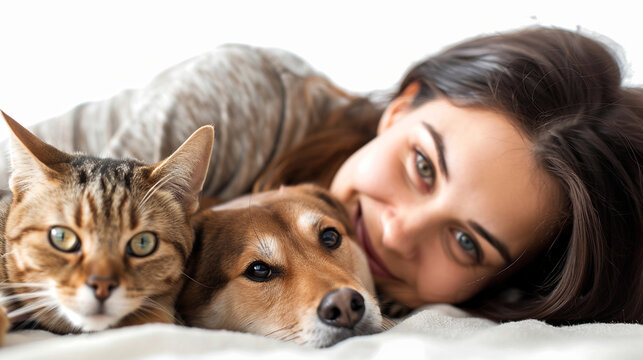 A woman who is playful with her pets. on an isolated white background, object focused, png, stock image, hd quality