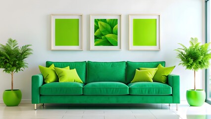 Mock-up frame in cozy light grey home interior background with green sofa and three frames.3d render