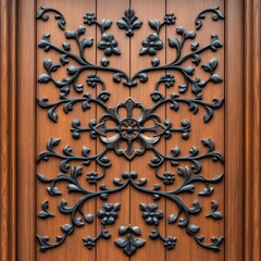 Ornate Metal Floral Design on Wooden Panel in Rich Brown Tone, Decorative Art for Interior Spaces, Elegant Wall Decoration, Craftsmanship Detail