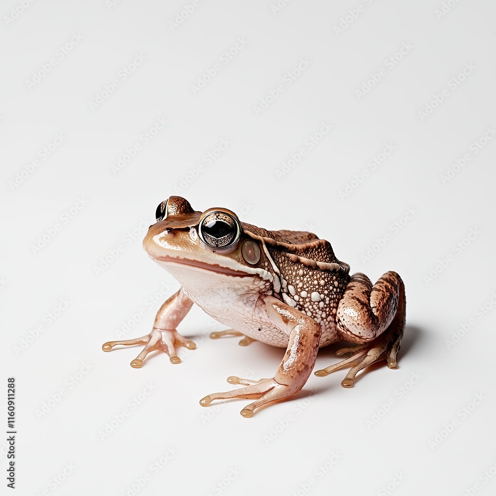 Poster close-up of a brown frog with large eyes posed on a plain white background showcasing its unique fea