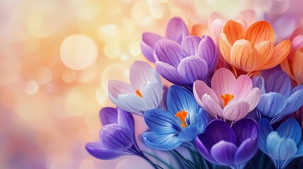 Fototapeta premium Vibrant crocus flowers in full bloom, showcasing rich shades of purple, pink, and orange, set against a softly blurred bokeh background.