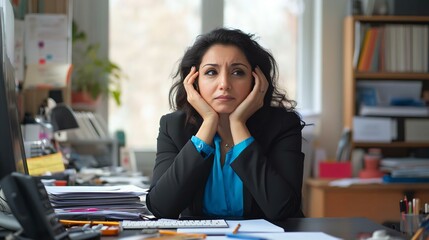 Obraz premium Frustrated businesswoman at her desk, lost in thought. Overworked and stressed, she embodies workplace challenges and burnout in a corporate setting.