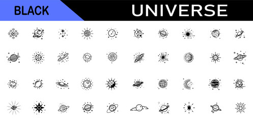 Astronomy black line icon set. Space planet, Earth, moon, sun, galaxy, rocket astronaut, alien. universe sign illustration.