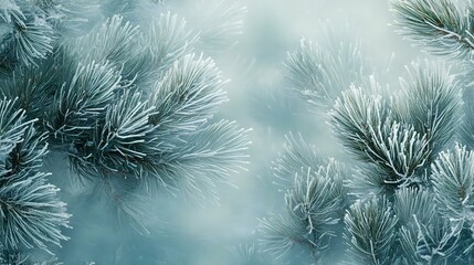 Frost-covered pine branches evoking a serene winter wonderland, showcasing nature's elegance in a tranquil, icy landscape.