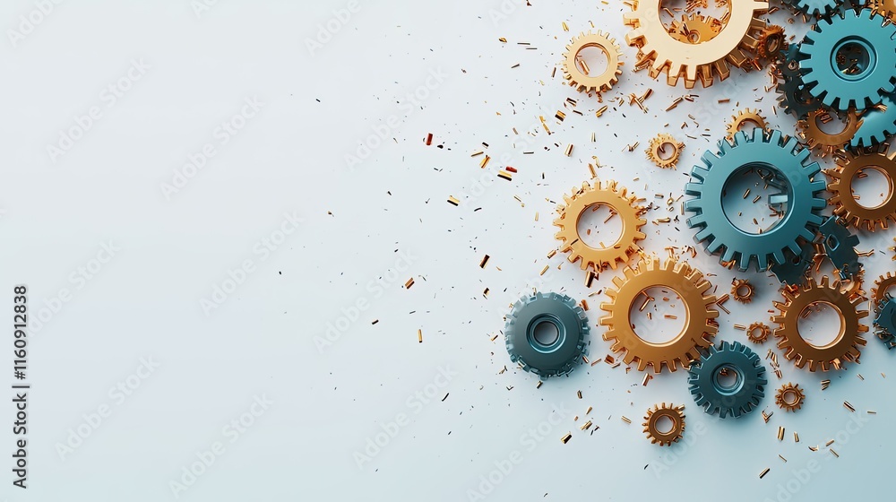 Poster colorful cogs and gears on light background with scattered golden shavings representing industrial d