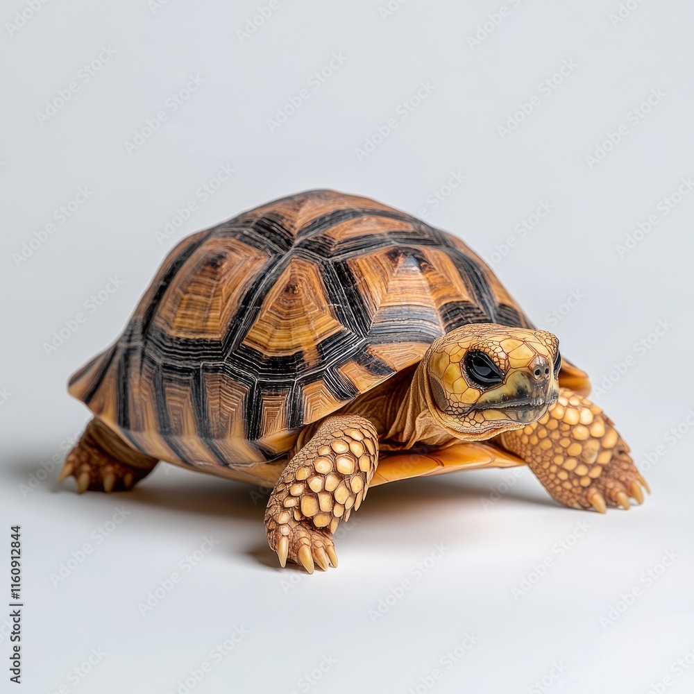 Poster close-up of a beautiful tortoise on a light background showcasing its unique shell patterns and text