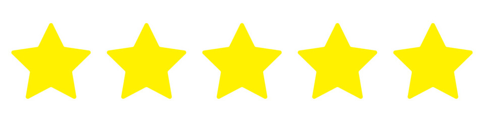 Five star rating icons in bright yellow, designed for apps and websites. 5 star rating icons symbolize high quality, customer satisfaction, and positive feedback. Vector illustration isolated on white