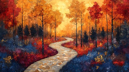 Forest Path Framed by Radiant Autumn Golden Leaves in Captivating Photo