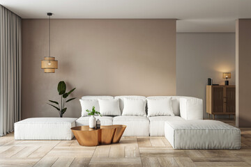 Modern living room with white sofa, beige walls, wooden flooring, and pendant lamp. 3D Rendering