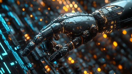 Robotic Hand with Futuristic Background and Glowing Lights