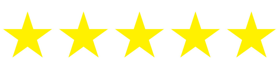 Five star rating icons in bright yellow, designed for apps and websites. 5 star rating icons symbolize high quality, customer satisfaction, and positive feedback. Vector illustration isolated on white