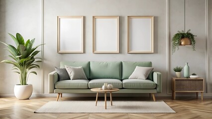 Mock-up frame in cozy light grey home interior background with green sofa and three frames.3d render