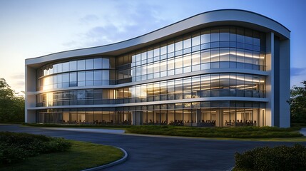 Fototapeta premium Modern Office Architecture Highlighting Curved Facade and Glass Windows