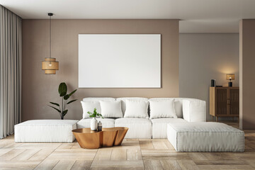 Modern living room interior with white sofa, wooden table, and blank canvas on wall. 3D Rendering