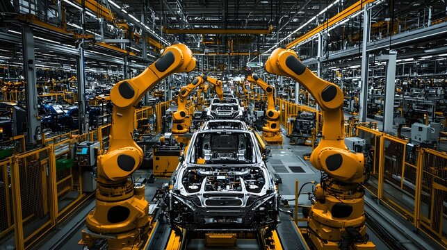 Synchronized industrial robot arms working in a modern car manufacturing plant showcasing the efficiency and precision of automated production processes in the automotive industry