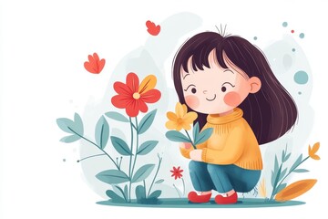A playful 2D illustration of a child planting flowers, with vibrant blooms emerging, symbolizing personal growth