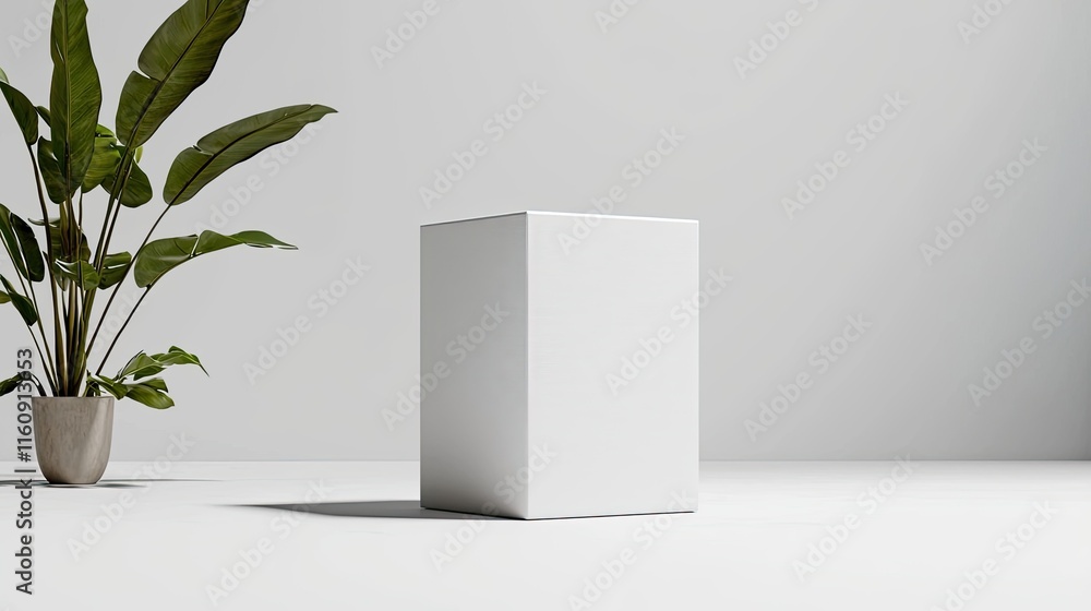Poster minimalist display of a white cube surrounded by green leaves in a simple modern space with soft lig