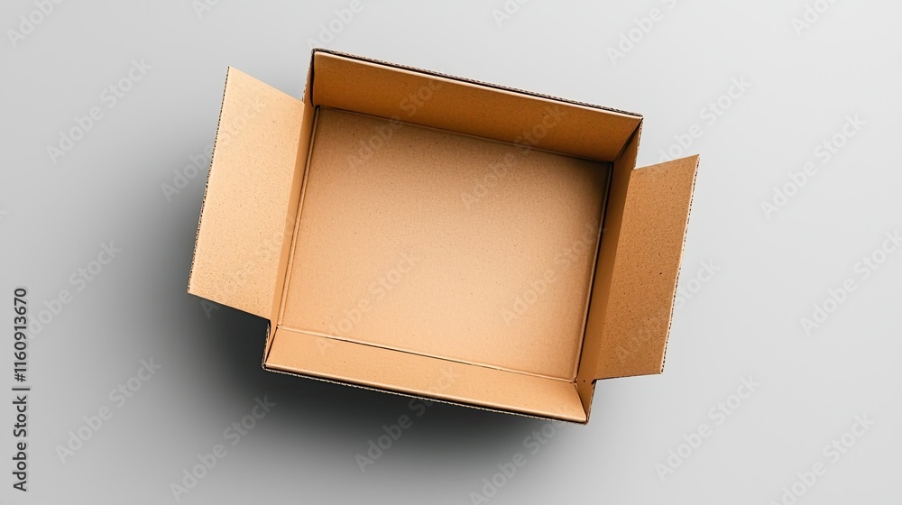 Poster empty cardboard box with open flaps on a soft gradient background, ideal for packaging, gifting, or 