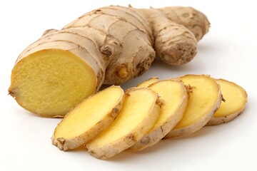 "Fresh ginger root slices isolated on white, perfect for food photography, health, and wellness designs."
