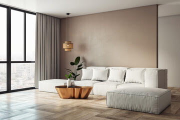 Modern living room with white sofa, gold coffee table, wooden flooring, large windows, and beige walls. Minimalist interior design. 3D Rendering