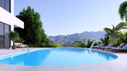 Obraz premium Serene poolside view with mountains in the background.