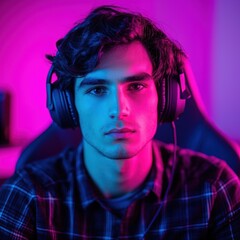 Young Man with Headphones in Stylish Neon Lighting Environment