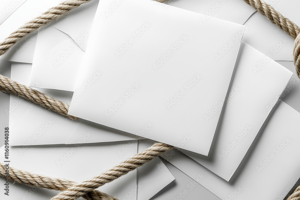 Poster blank envelopes and rope arranged on a work surface for creative mailing or crafting projects with m