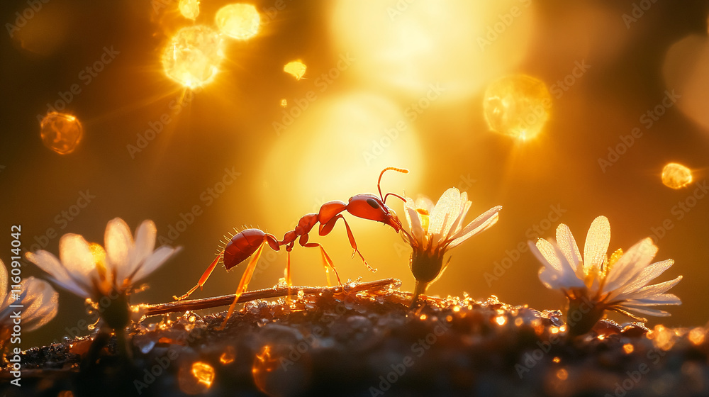 Poster macro shot of an ant on a flower surrounded by sparkling bokeh and warm golden sunlight
