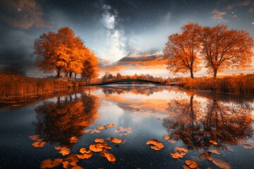 A pond in a forest reflecting a starry night sky, even though it daylight above