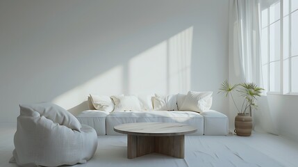 Soft fabric chair, large sofa, and simple wooden table in a white room