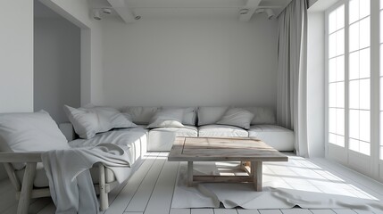 Soft fabric chair, large sofa, and simple wooden table in a white room