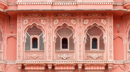 Pink ornate facade with arched windows and decorative lattice details.
