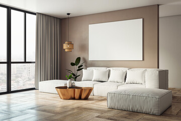 Modern living room interior with white sofa, abstract coffee table, large windows, and city view in warm beige tones. 3D Rendering