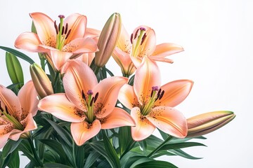 Obraz premium Pink lilies in full bloom with fresh buds ready to open indoors