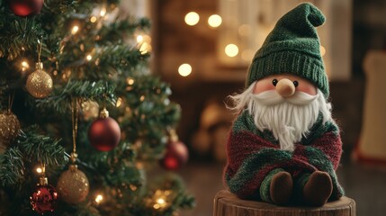 Obraz premium Plush Christmas gnome with green hat and blanket on wooden stool by Christmas tree with lights and ornaments, creating cozy holiday scene