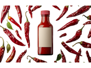 Red chili sauce bottle surrounded by peppers Isolated on transparent background
