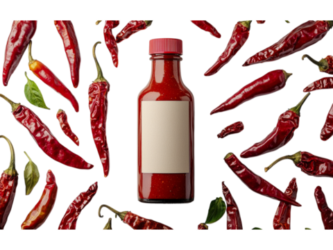 Red chili sauce bottle surrounded by peppers Isolated on transparent background