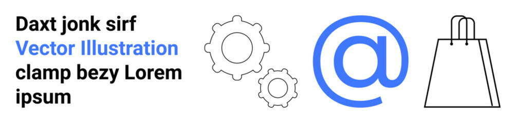 Obraz premium Gear icons indicating settings or industry, at symbol representing email or internet, shopping bag illustrating e-commerce. Ideal for digital marketing, online shopping, tech business, web services
