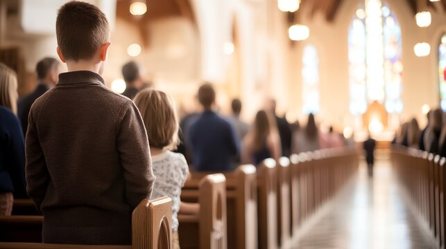 a young boy standing in front of a church