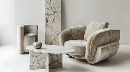 Comfy sofa, elegant chair, and minimalist table placed neatly on a white background 