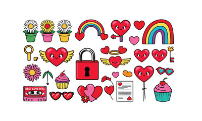 Retro groovy set for valentine's day hippie love vector illustrations, easily editable.