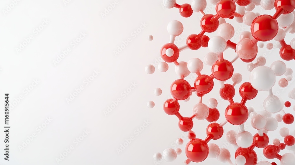 Poster abstract representation of molecules and atoms in red and white color on a bright background illustr