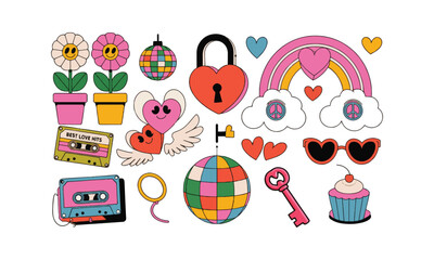 Retro groovy set for valentine's day hippie love vector illustrations, easily editable.